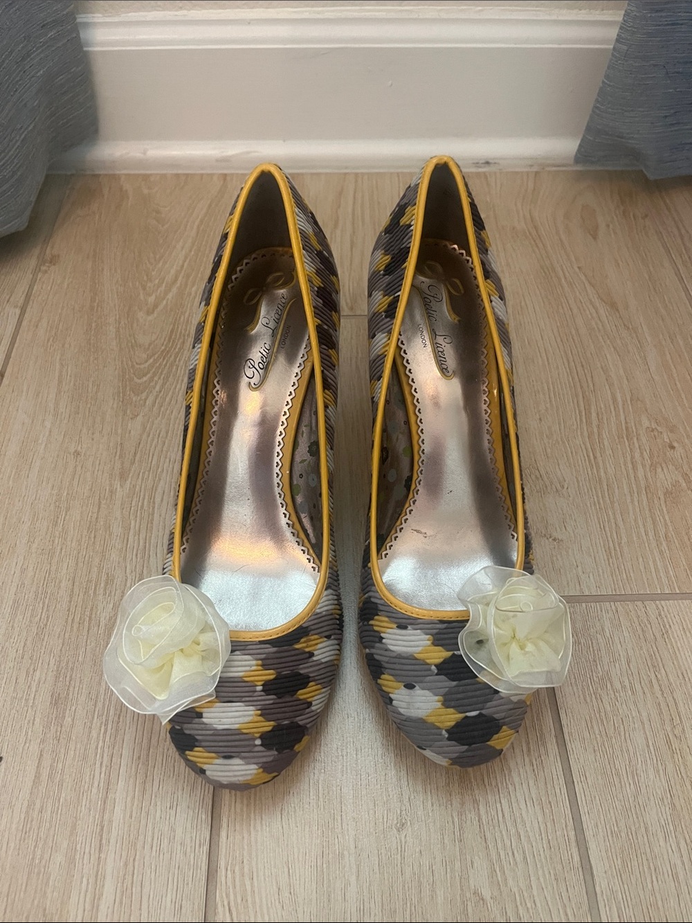 Poetic License Yellow & Gray Floral Accent Heels